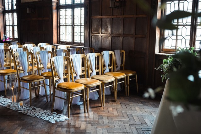 Impossible York wedding venue ceremony room. Photo taken from the front of the room, looking towards the guest seating