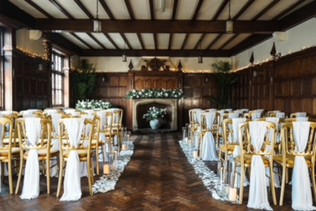 Impossible York wedding venue ceremony room. Photo taken from the rear of the room, looking down the isle. The room features panelled walls, beamed ceilings and a feature fireplace, with lots of light coming through the windows.