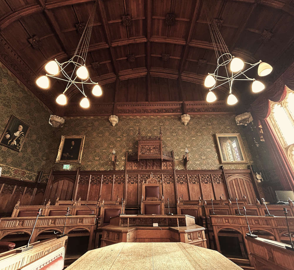 The Guildhall York wedding venue chamber with wood panelled walls and wooden framed ceiling