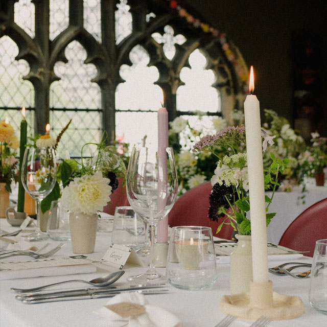 York Minster Refrectory wedding venue, tables dressed and ready for the wedding meal